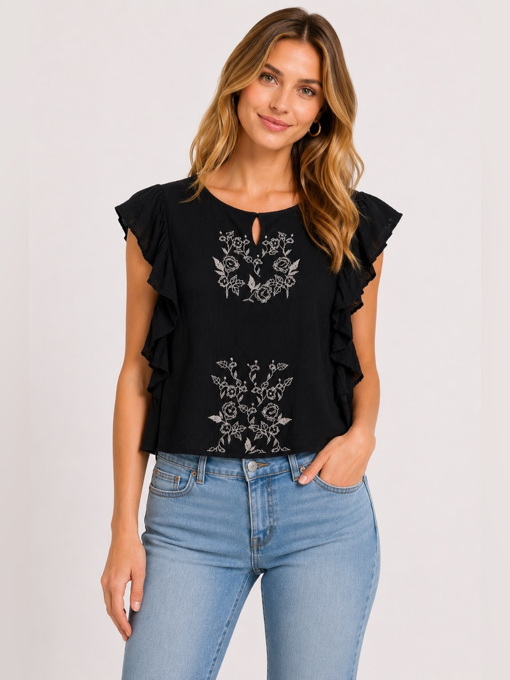 American Eagle Embroidered Flutter Sleeve Top XS